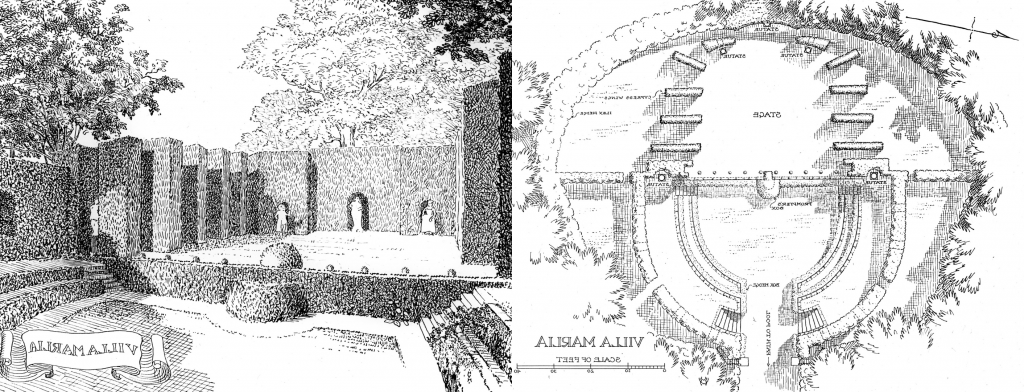 两张彩色照片的黑色油墨印刷插图并排. 左边是一个花园的鸟瞰图，上面有一个舞台和其他用灌木标记的物品, 树, 和墙壁. 在右边是一个图像，好像站在左边，在同一空间的入口通道内，与航空图像. 在这个舞台上，舞台比地面高，舞台后面有雕像. 两张照片上都有一条丝带，上面写着“玛丽亚别墅”. 